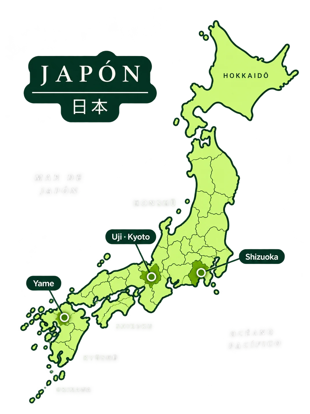 Mapa de Japón con los orígenes de Midori: Shizuoka, Uji Kyoto y Yame