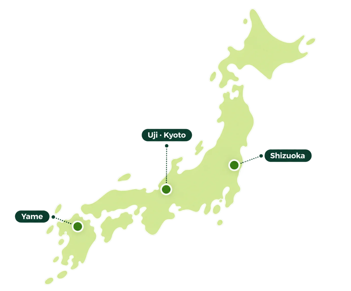 Mapa de Japón con Shizuoka, Uji Kyoto y Yame